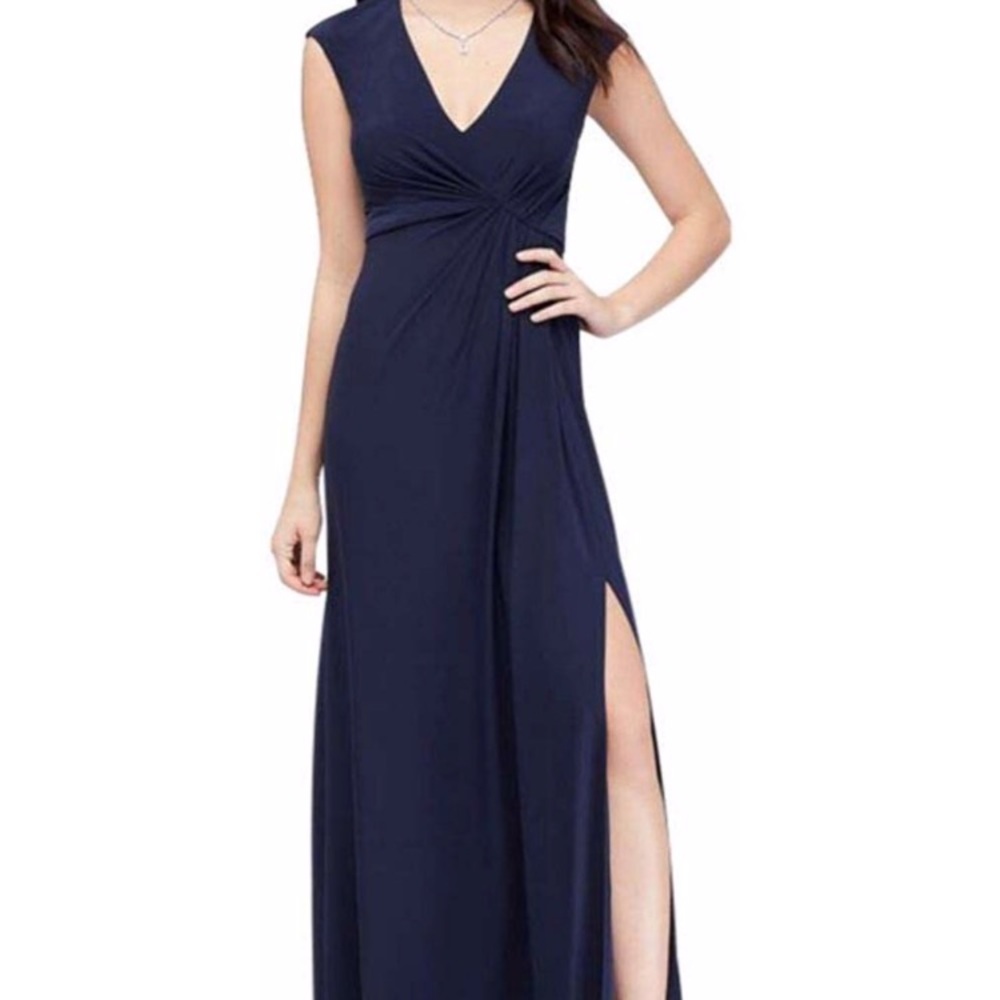 David's Bridal Navy Gathered Jersey V-Neck Dress